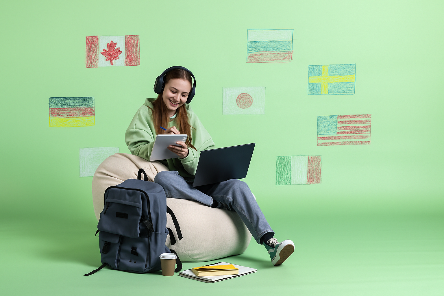 student wearing headphones holding notebook practicing before exam